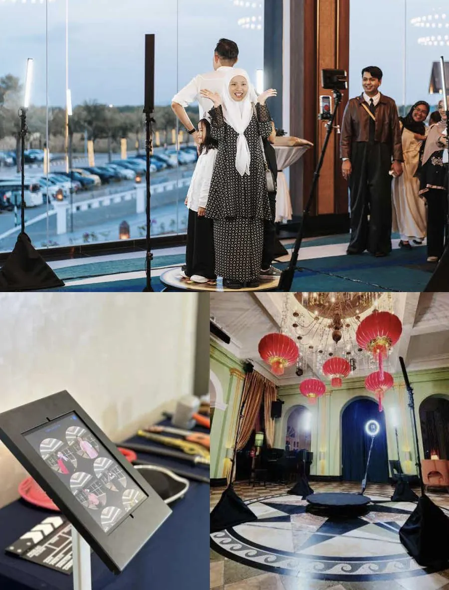 360° Video Booth in Penang: guests on the rotating platform, the instant video download station and a ballroom setup